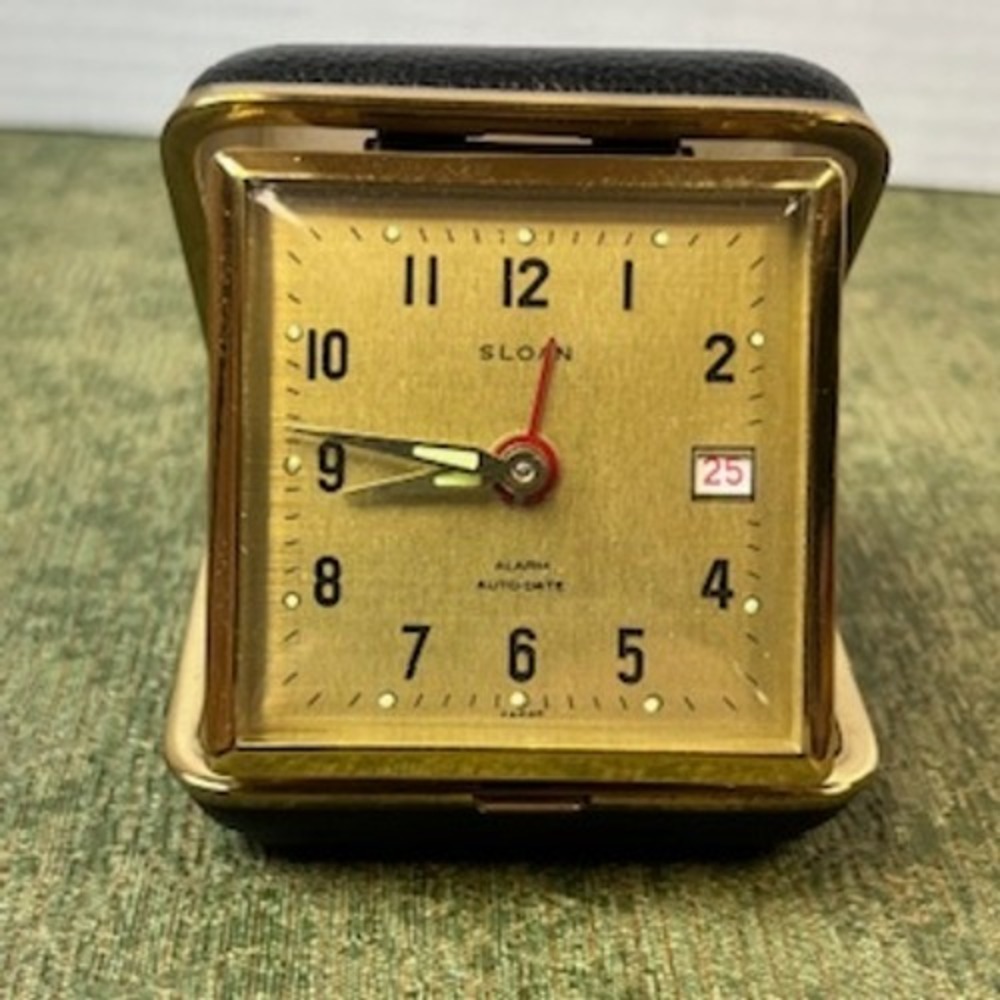 Vintage Sloan Starlet Travel Alarm Clock‎ Gold Face Black Case Japan Auto Date